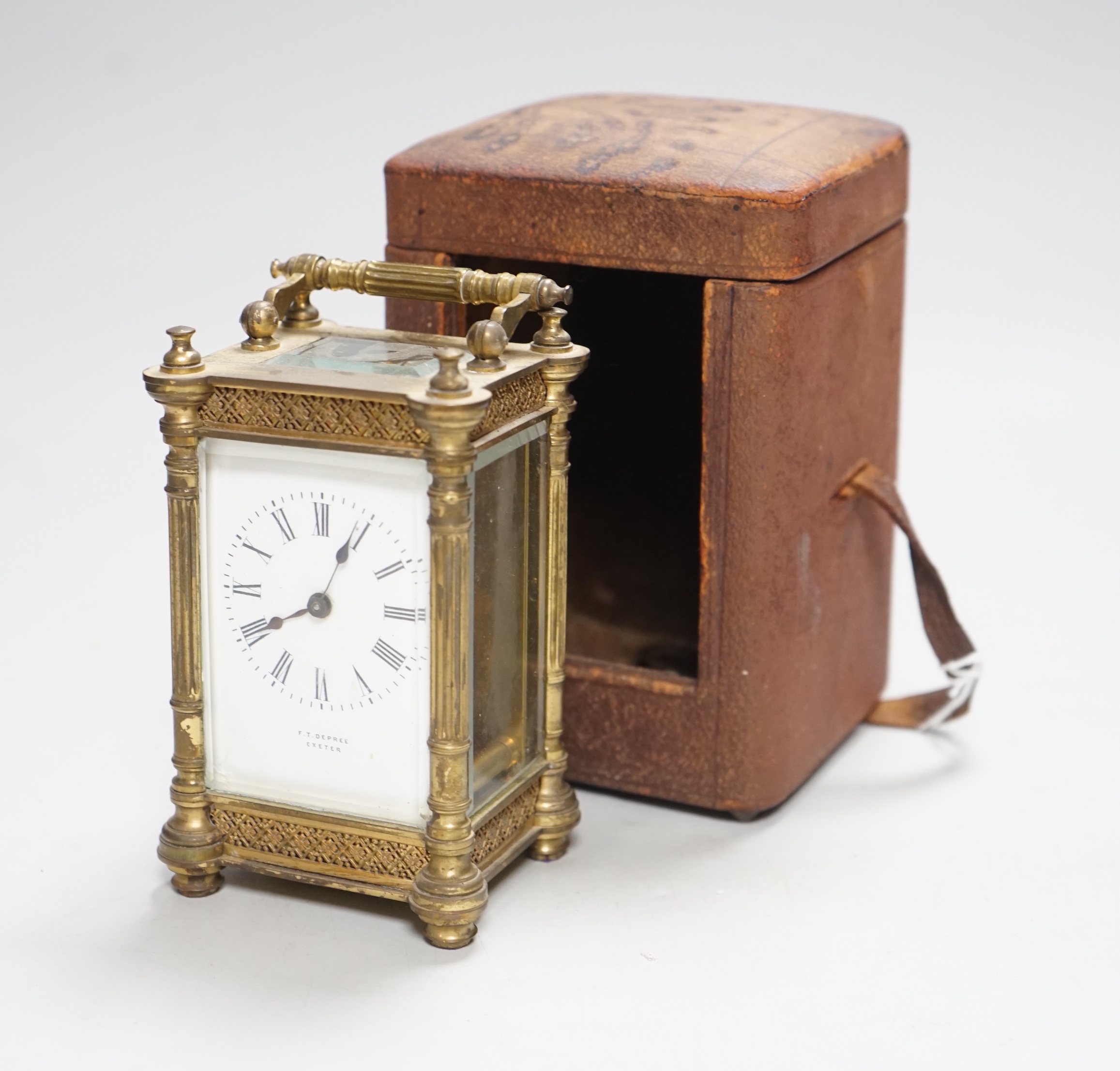 A cased carriage timepiece, signed to the face; F.T. Depree Exeter, 13cm